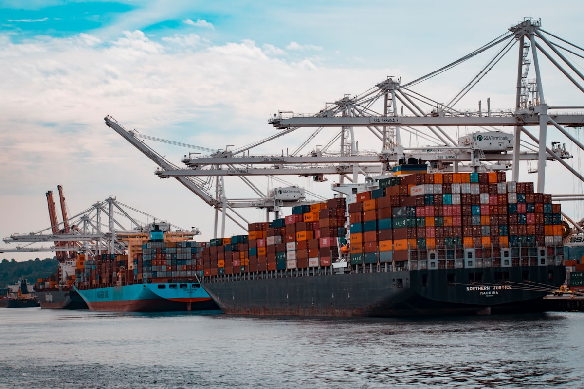 Container port gantry cranes and cargo ships