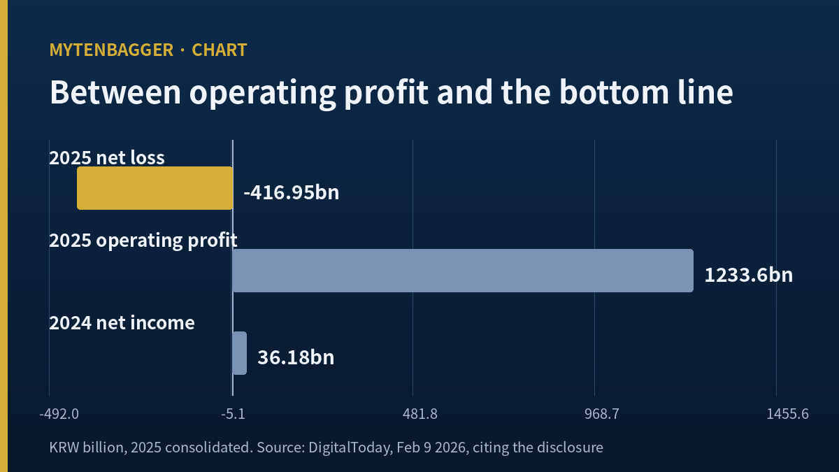 Bar chart comparing CJ CheilJedang 2025 operating profit of 1,233.6 billion won with the 416.95 billion won net loss