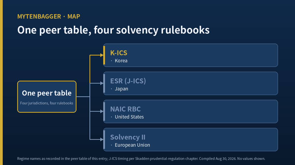 Diagram showing the four solvency regimes represented in the Hyundai Marine peer table: K-ICS, ESR (J-ICS), NAIC RBC and Solvency II