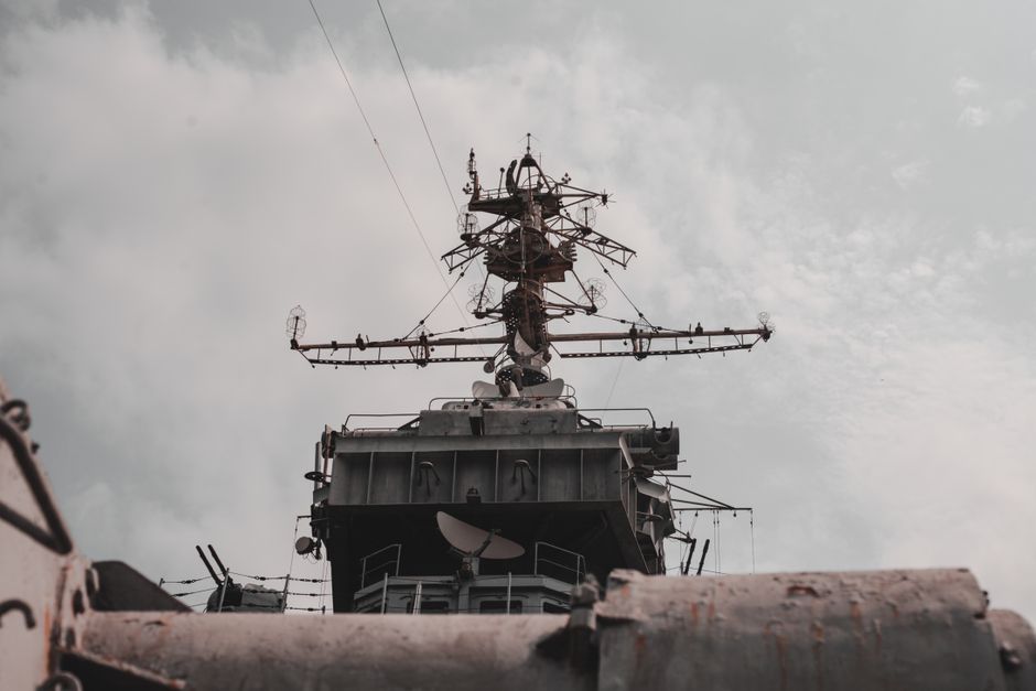 LIG Nex1 air defense exposure - naval radar mast stock photo
