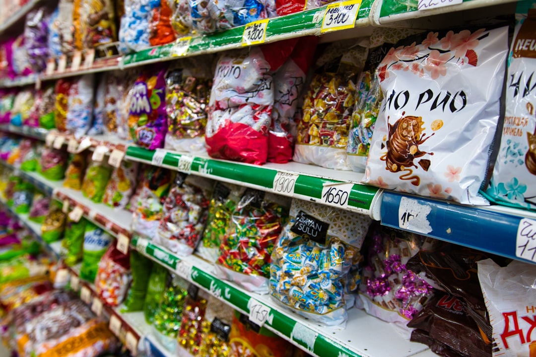 Orion stock overseas demand image, packaged snacks on a supermarket shelf abroad