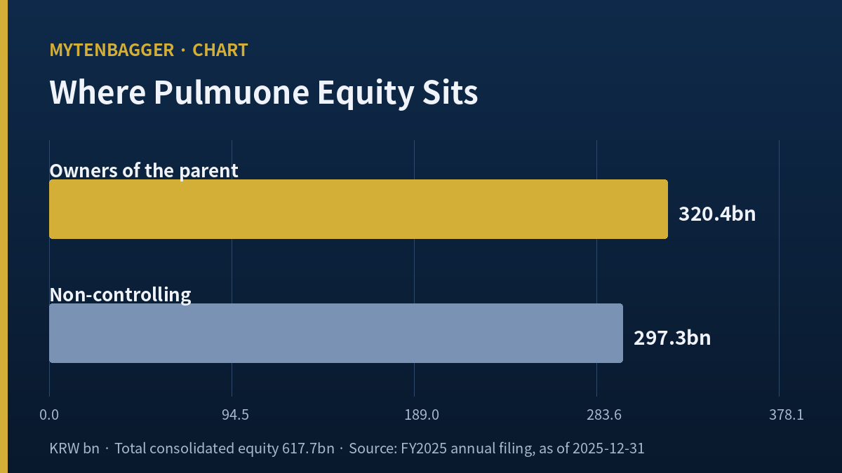 Bar chart comparing Pulmuone owners equity of KRW 320.4bn with non-controlling interests of KRW 297.3bn