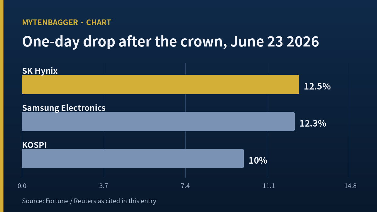Bar chart: one-day declines on June 23 2026 — SK Hynix 12.5%, Samsung Electronics 12.3%, KOSPI 10%