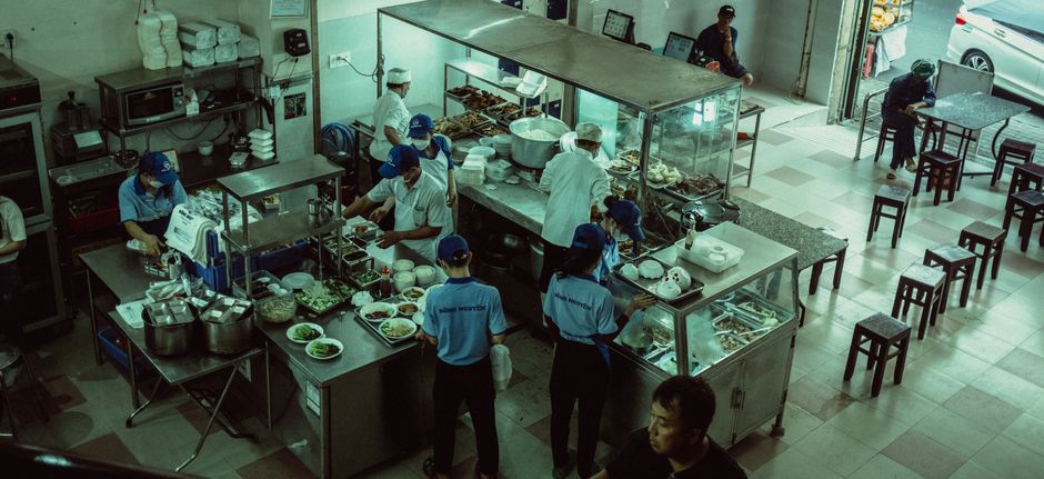 CJ Freshway stock context showing an institutional catering kitchen with stainless prep counters
