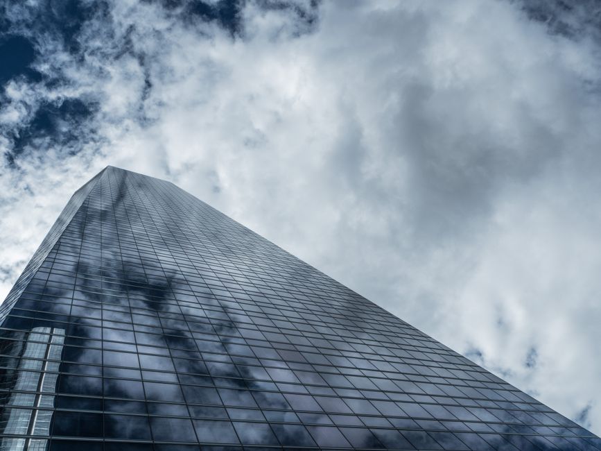 Office tower exterior seen from below, for this Hanwha Life stock note