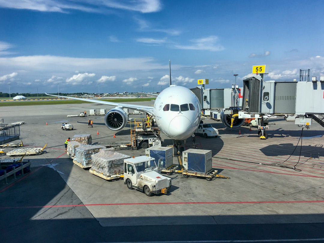 Ground support equipment loading cargo on an apron, behind Korea Airport Service stock