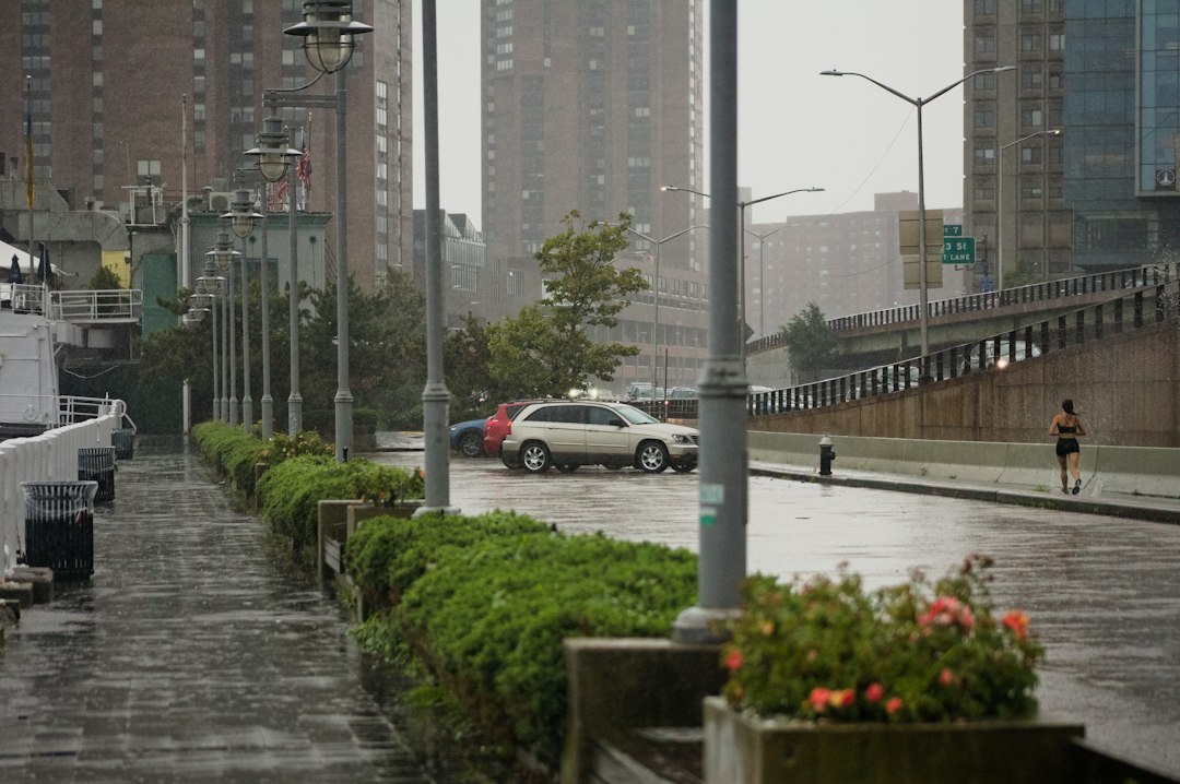 Rain on a city street standing in for the catastrophe losses behind Korean Re stock