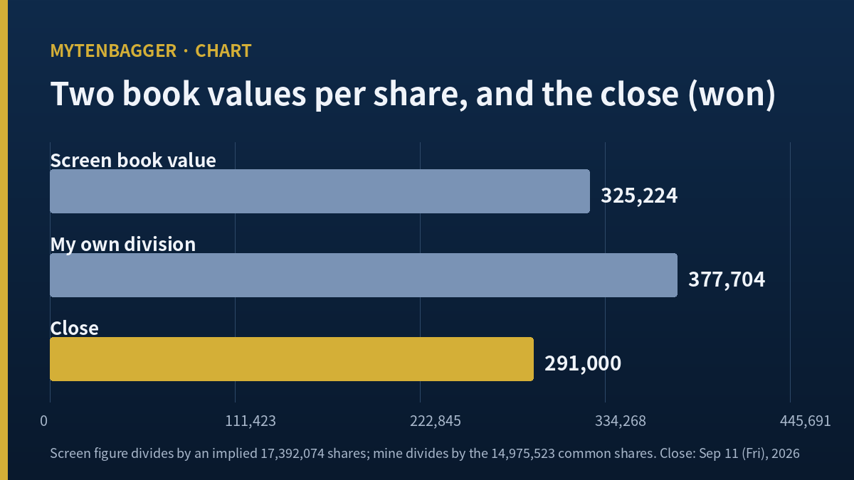 Horizontal bar chart of two book values per share for LG Household stock, 325,224 won on the screen and 377,704 won by my own division, against the 291,000 won close