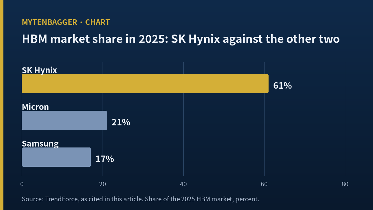 Bar chart of 2025 HBM market share: SK Hynix 61 percent, Micron 21 percent, Samsung 17 percent