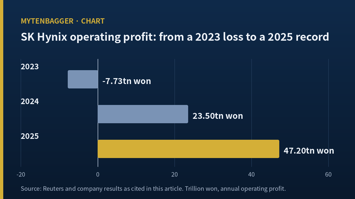 Bar chart of SK Hynix annual operating profit: a 7.73 trillion won loss in 2023, 23.5 trillion won in 2024 and 47.2 trillion won in 2025