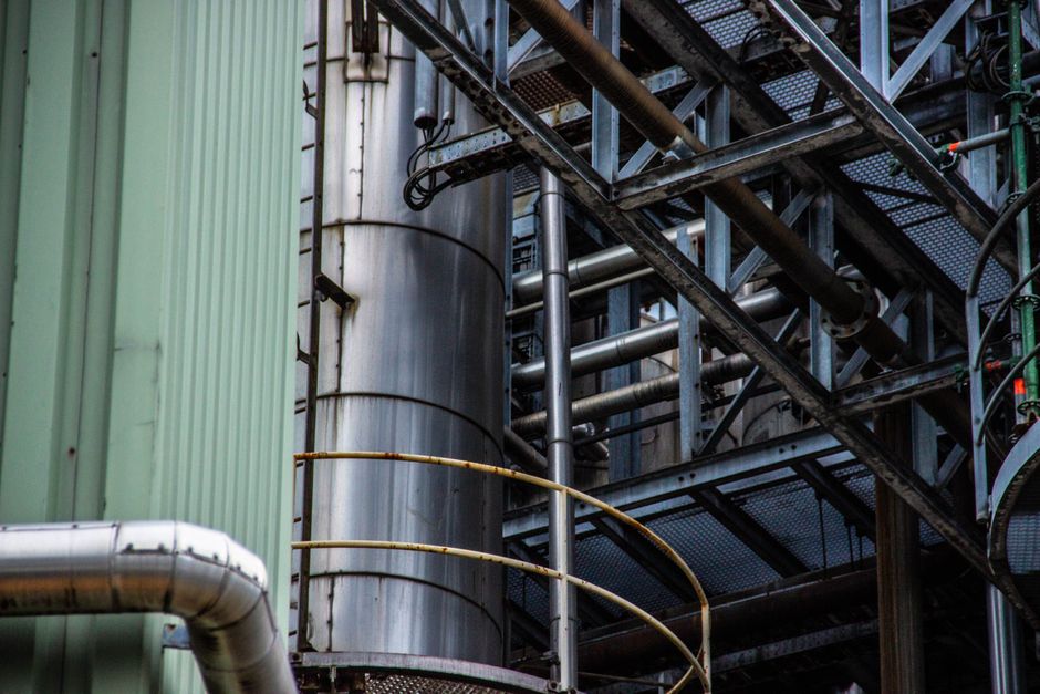 Stainless tanks and process piping at a chemical process plant